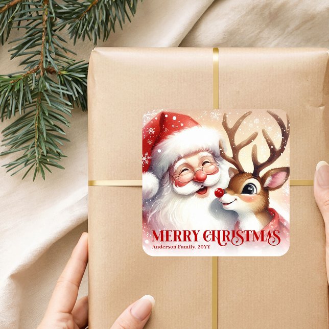 Festive Santa Claus Rudolph Personalized Kids Gift Square Sticker (Festive Santa Claus Rudolph Personalized Kids Holiday Sticker

)