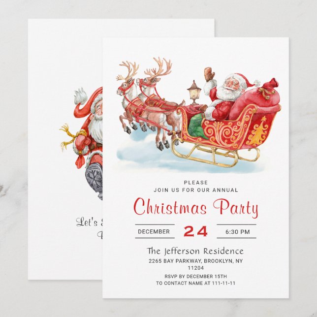 Festive Santa Claus Sleigh Holiday Christmas Party Invitation (Front/Back)