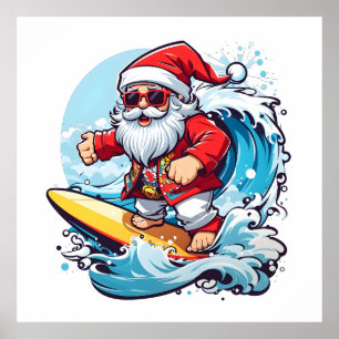Festive Santa Claus Surfing Christmas Waves Poster