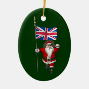Festive Santa Claus With Flag Of The UK Ceramic Tree Decoration