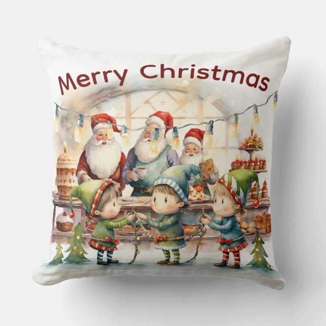 Festive Santa & Elf Holiday Decor Cushion (Front)