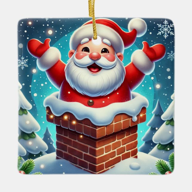 Festive Santa Emerging from Chimney Ceramic Ornament (Front)
