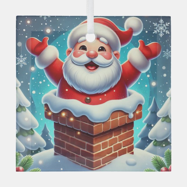 Festive Santa Emerging from Chimney Glass Tree Decoration (Front)
