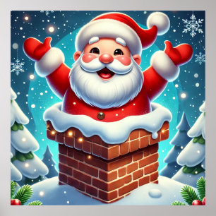 Festive Santa Emerging from Chimney Poster