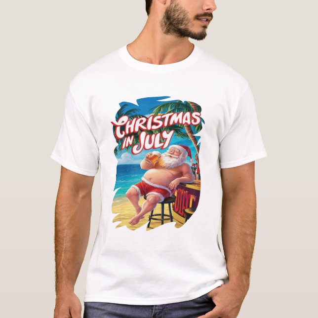 Festive Santa Enjoying Beer At Beach Bar T-Shirt (Front)