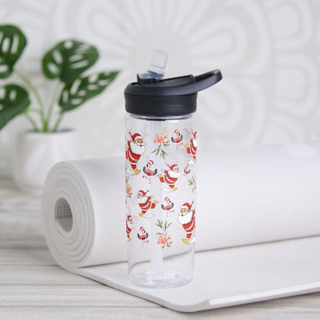 Festive Santa, Flamingo & Pink Floral Pattern Water Bottle (Yoga (Rotated))