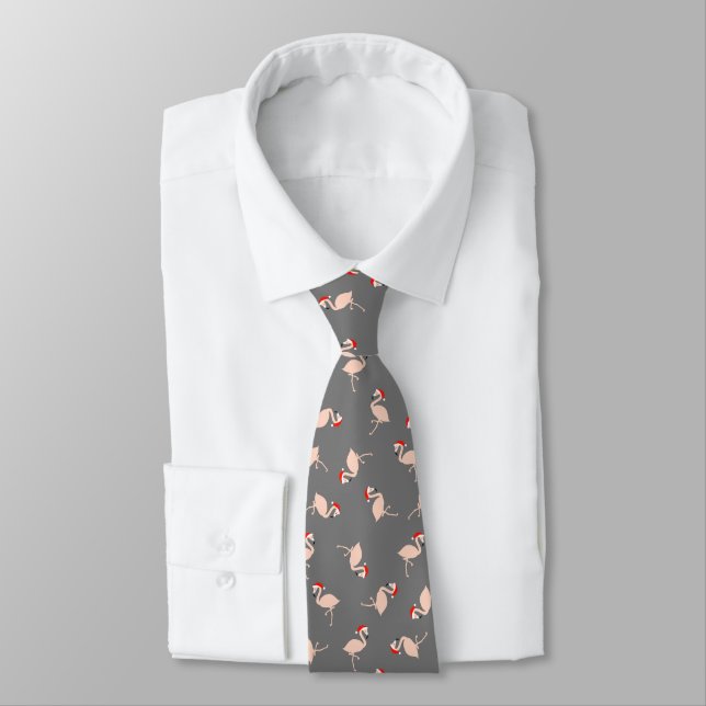 Festive Santa Flamingos Dark Grey Pattern Tie (Tied)