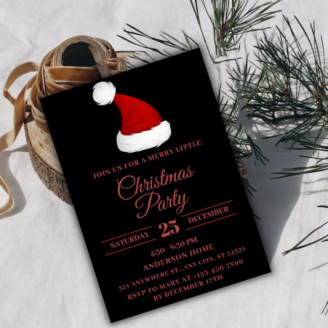 Festive Santa Hat, Black red Christmas Party Invitation (Creator Uploaded)