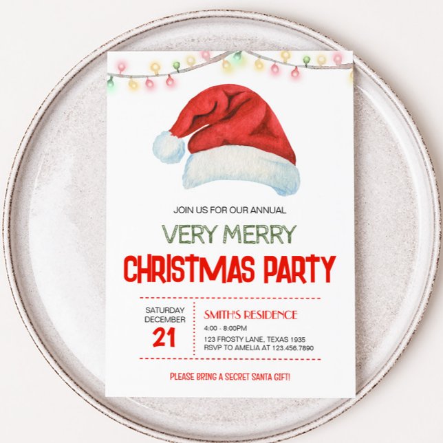 Festive Santa Hat Christmas Party Invitation (Santa Claus Hat Christmas Party)