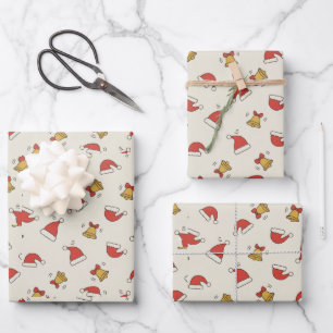 Festive Santa Hat & Jingle Bell Pattern Wrapping Paper Sheet