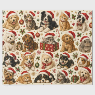 Festive Santa Hat Pets Pattern Wrapping Paper
