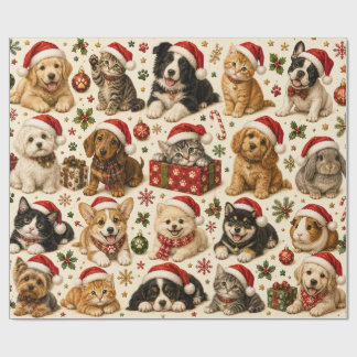 Festive Santa Hat Pets Pattern Wrapping Paper