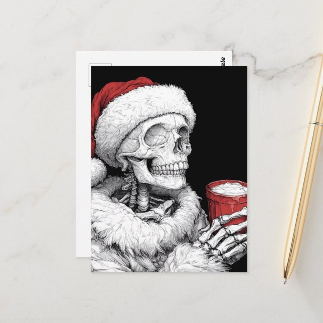 Festive Santa Skeleton With a Hot Chocolate Postcard (Front/Back In Situ)