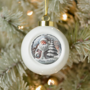 Festive Santa-Themed Holiday Seasonal Cheerful  Ceramic Ball Christmas Ornament