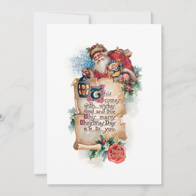 Festive Santa w/Lantern and Scroll and Greetings Holiday Card (Front)