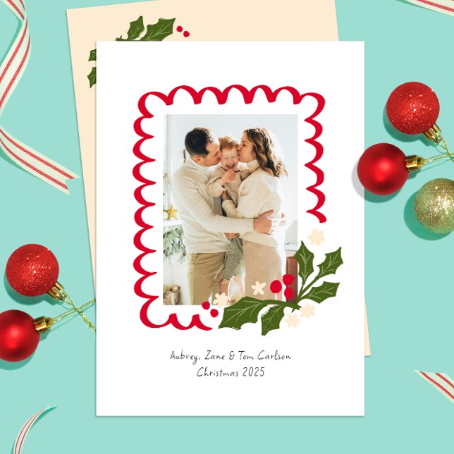 Festive Scallop Frame with Holly One Photo Holiday Card (cherry red scallops frame a personal picture on this festive holly themed Christmas photo card)