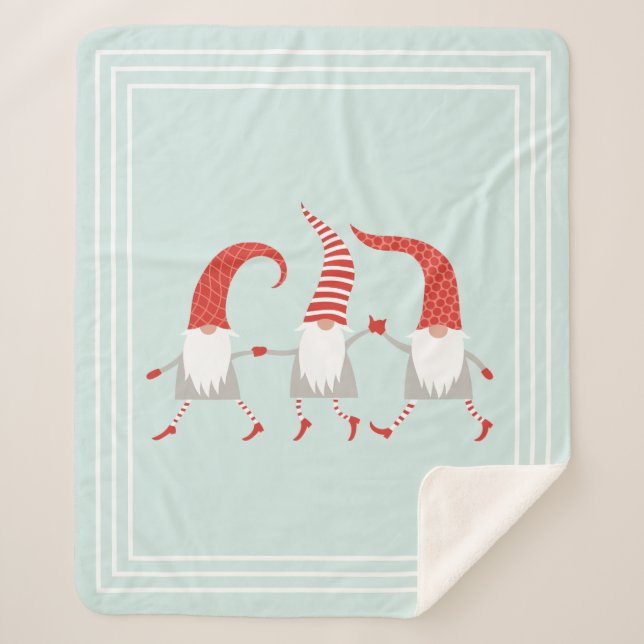 Festive Scandinavian Christmas Gnomes Mint Green Sherpa Blanket (Front)