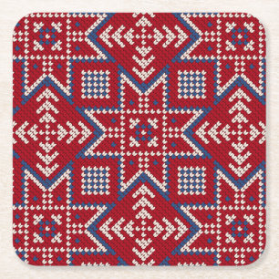 Festive Scandinavian Sweater Pattern Square Paper Coaster