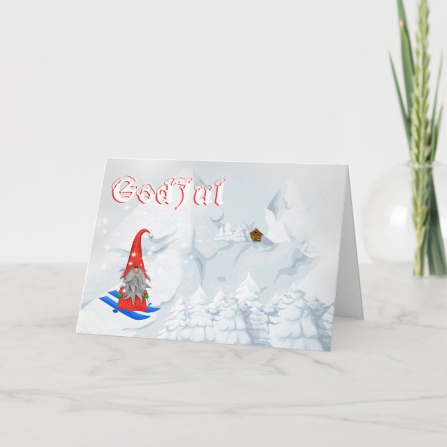 Festive Scandinavian Tomte winter snow god jul Holiday Card (Front)