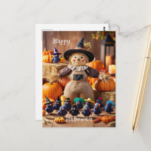 Festive Scarecrow and Pumpkin Patch Halloween Postcard