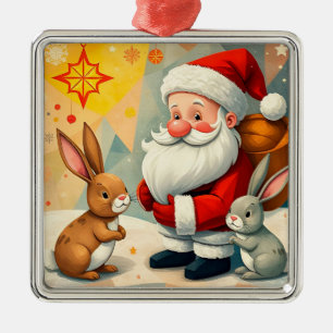 Festive Scene of Santa Claus with Adorable Rabbits Metal Ornament