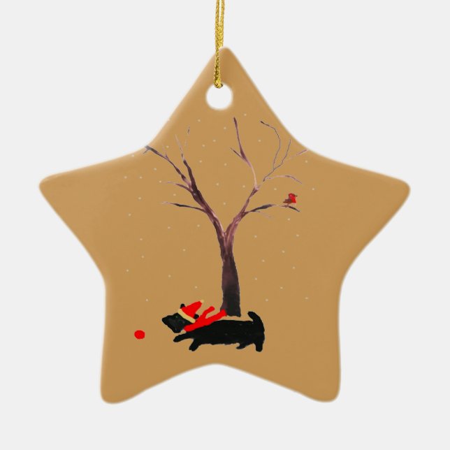 Festive Scottie Dog Robins Ceramic Tree Decoration (Front)