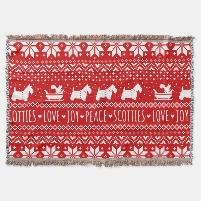 Festive Scottie Dogs Christmas | Scottish Terriers Throw Blanket (Front)