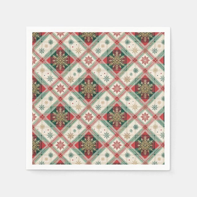 Festive Scottish Tartan Plaid Snowflake Pattern Napkin (Front)