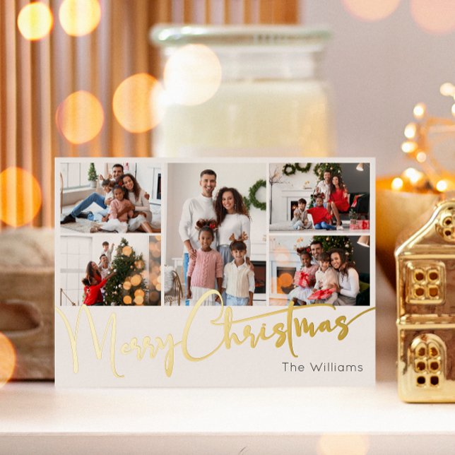 Festive Script Five-Photo Merry Christmas Gold Foil Holiday Card (Creator Uploaded)