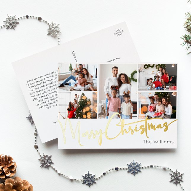 Festive Script Five-Photo Merry Christmas Gold Foil Holiday Postcard (Creator Uploaded)
