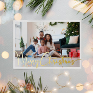 Festive Script Full Photo Merry Christmas Gold Foil Holiday Card