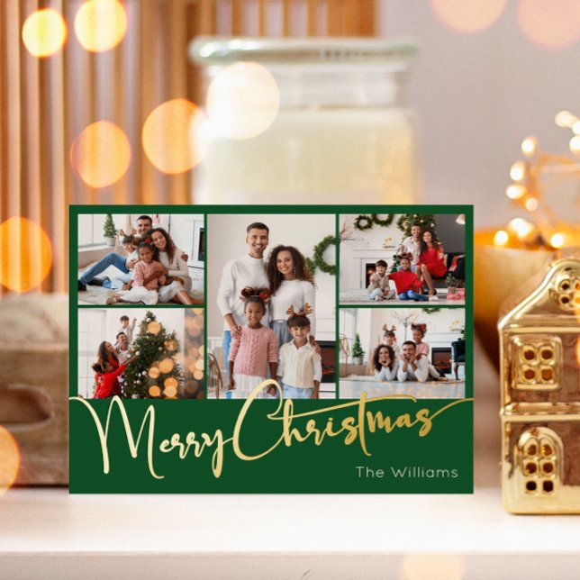 Festive Script Green 5 Photo Merry Christmas Gold Foil Holiday Postcard (Creator Uploaded)