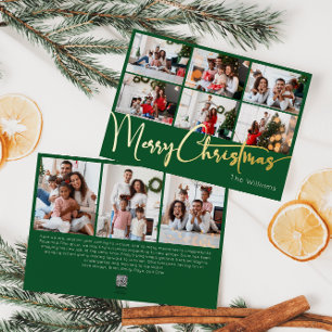 Festive Script Green 9 Photo Merry Christmas Gold Foil Holiday Card