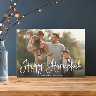 Festive Script Overlay Hanukkah Photo Holiday Card