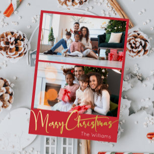 Festive Script Red 2 photo Merry Christmas Gold Foil Holiday Postcard