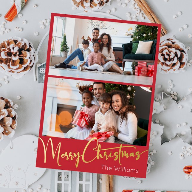 Festive Script Red 2 photo Merry Christmas Gold Foil Holiday Postcard (Creator Uploaded)