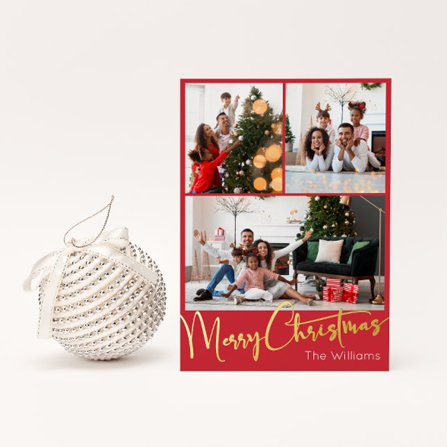 Festive Script Red 3 Photo Merry Christmas Gold Foil Holiday Card (Creator Uploaded)