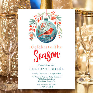 Festive Script Red Bird Mistletoe Holiday Soiree Invitation