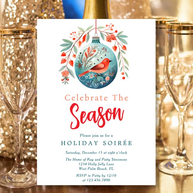 Festive Script Red Bird Mistletoe Holiday Soiree Invitation (Creator Uploaded)