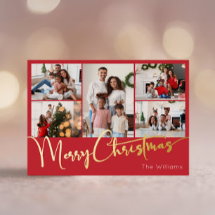 Festive Script Red Five-Photo Merry Christmas Gold Foil Holiday Postcard