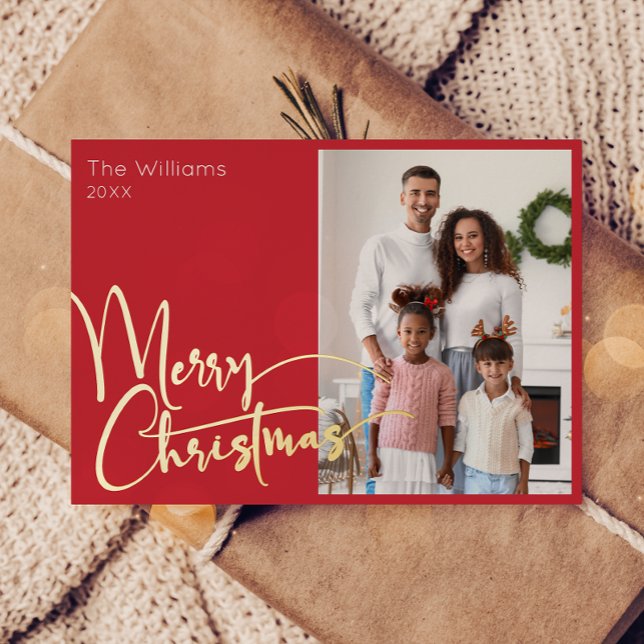 Festive Script Red Photo Merry Christmas Gold Foil Holiday Card (Creator Uploaded)