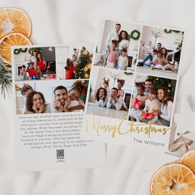 Festive Script Seven-Photo Merry Christmas Gold Foil Holiday Card (Creator Uploaded)