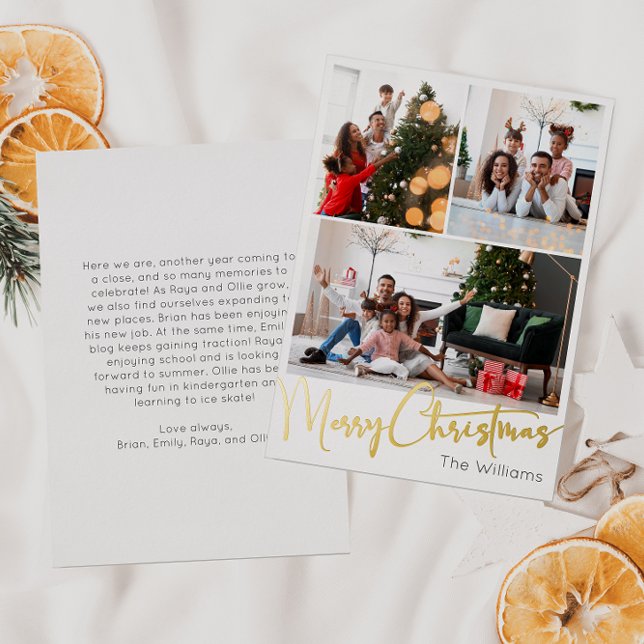 Festive Script Three-Photo Merry Christmas Gold Foil Holiday Card (Creator Uploaded)
