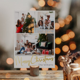 Festive Script Three-Photo Merry Christmas Gold Foil Holiday Postcard