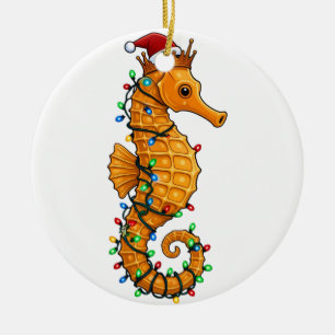 Festive Seahorse Wearing a Santa Hat for a Magical Ceramic Ornament