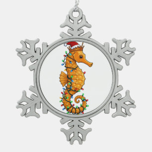 Festive Seahorse Wearing a Santa Hat for a Magical Snowflake Pewter Christmas Ornament