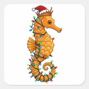 Festive Seahorse Wearing a Santa Hat for a Magical Square Sticker