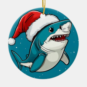 Festive Shark Wearing a Santa Hat Ceramic Ornament