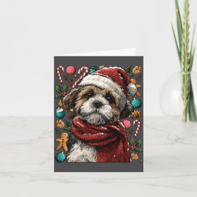 Festive Shih Tzu With Santa Hat Snowy Winter Chris Card (Front)