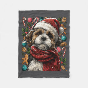 Festive Shih Tzu With Santa Hat Snowy Winter Chris Fleece Blanket
